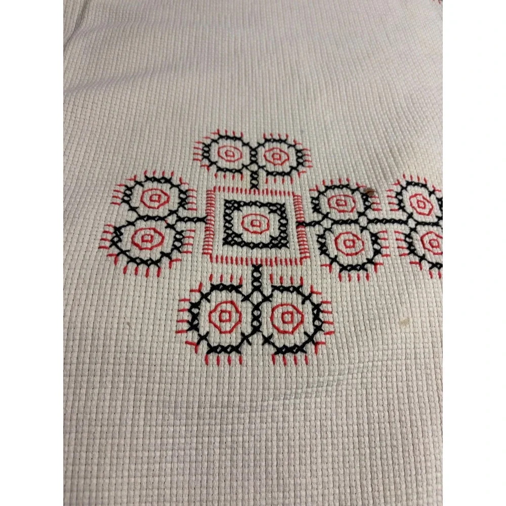 Vintage Hand Embroidered Folk Art Tablecloth Red Black Geometric 68 x 50